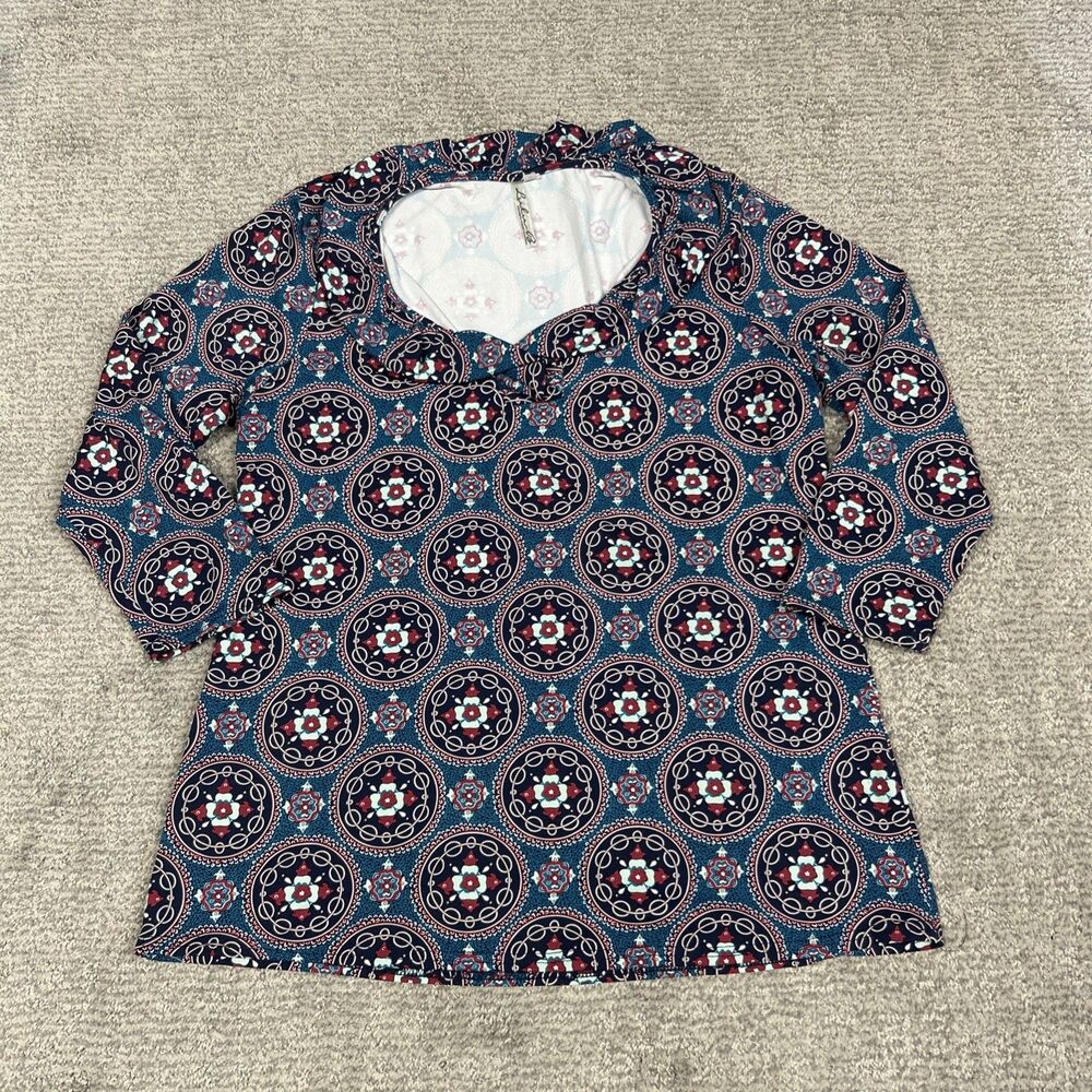 Lulu-B Top Womens Small Stretch Shirt 3/4 Sleeves Resort Red Blue V-neck Top